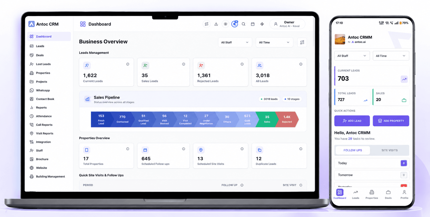 Antoc CRM desktop and mobile—leads, calls, and WhatsApp in sync