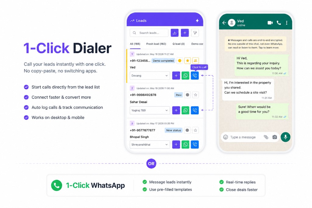 Antoc CRM lead list with phone and WhatsApp quick actions
