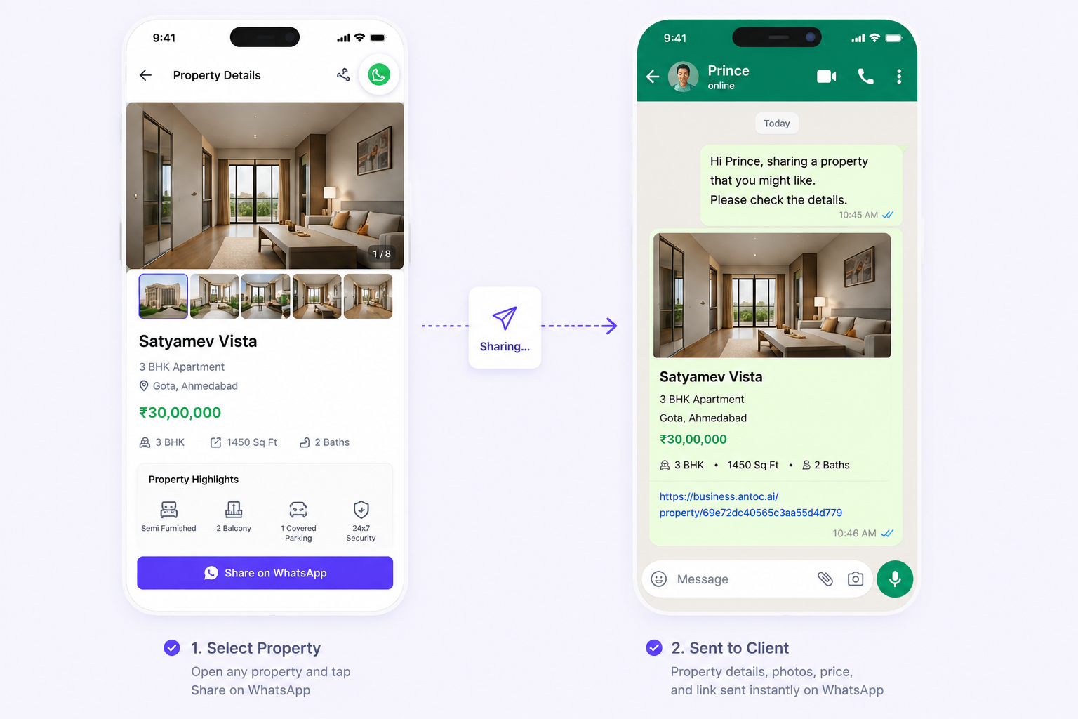 Select a property in Antoc and share details to client on WhatsApp in two steps