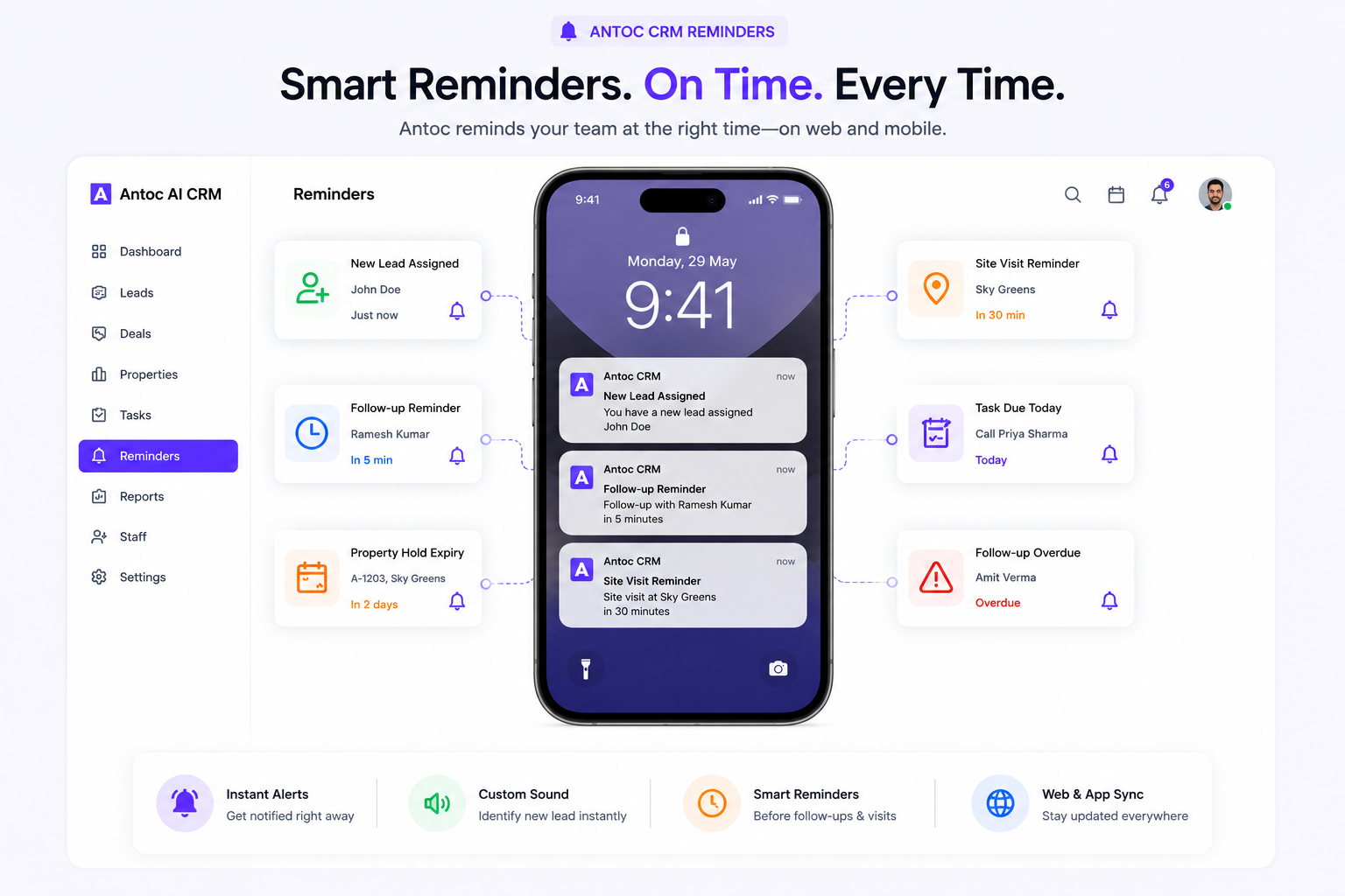 Antoc CRM reminders—web dashboard, mobile alerts, and reminder boxes synced on app and web